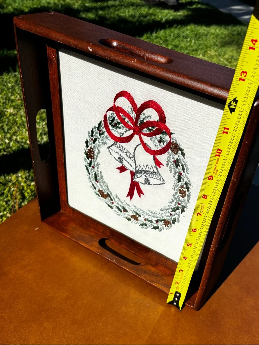 Needlepoint Holiday Wreath Woodrn Tray with Red Ribbon Accent